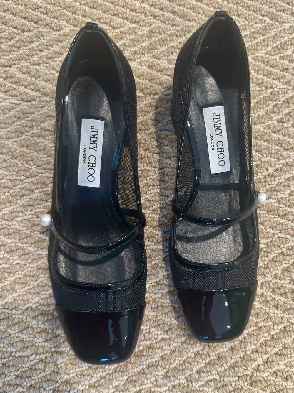 Jimmy Choo Black Patent & Mesh Mary Jane pumps with Pearl Accent
